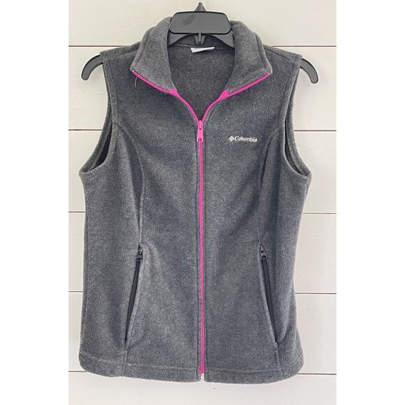 Columbia Fleece Vest Woman’s Dark Gray Zippered Pockets Pink Zipper Size Small - Picture 1 of 8